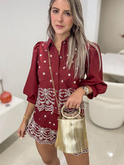 WINE EMBROIDED LONG SLEEVE BLOUSE