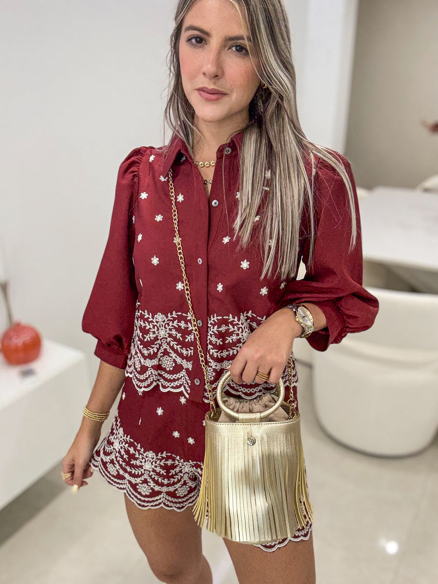 WINE EMBROIDED LONG SLEEVE BLOUSE