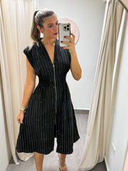 BLACK RHINESTONES ZIPPER MIDI DRESS