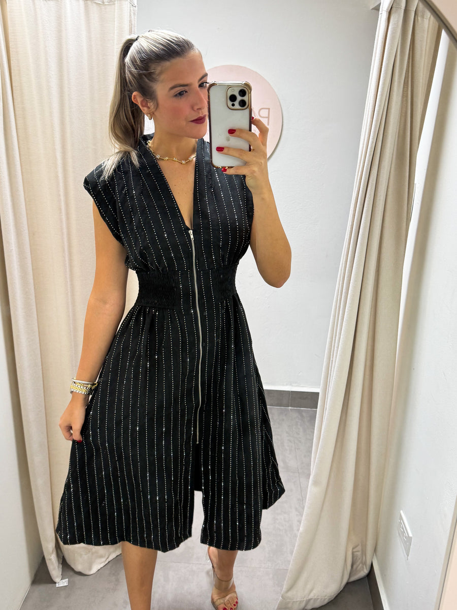 BLACK RHINESTONES ZIPPER MIDI DRESS