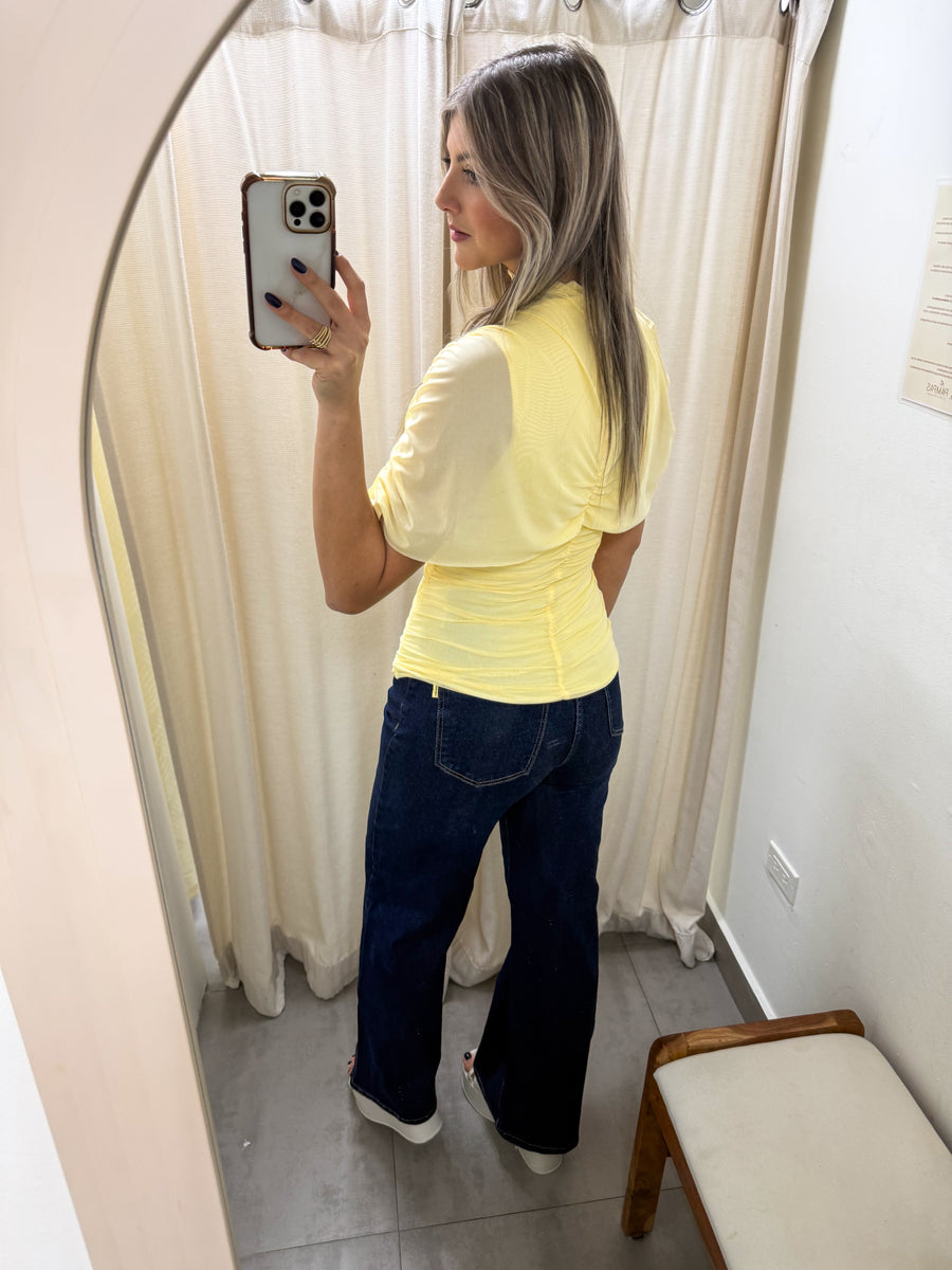 YELLOW MESH RUCHED BLOUSE