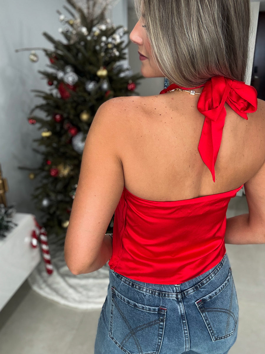 RED SATIN BALL HALTER BLOUSE