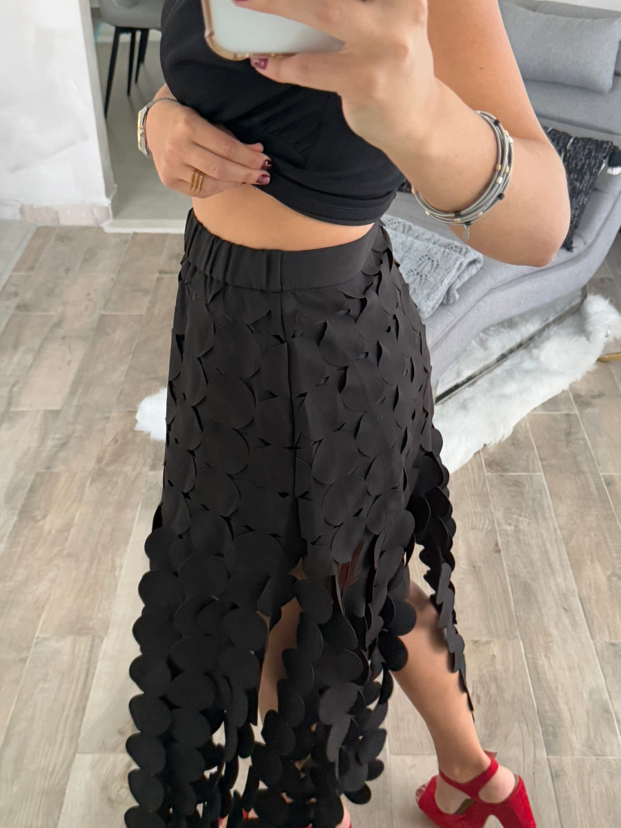 BLACK FRINGE MIDI SKIRT