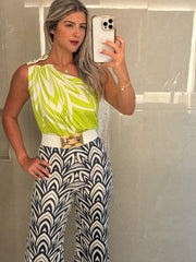 LIME/BLACK PRINT ONE SHOULDER SHIRRING JUMPSUIT