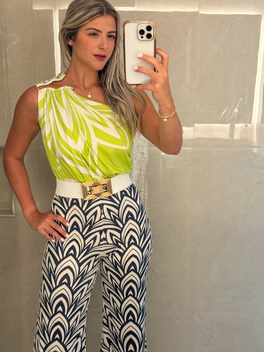 LIME/BLACK PRINT ONE SHOULDER SHIRRING JUMPSUIT