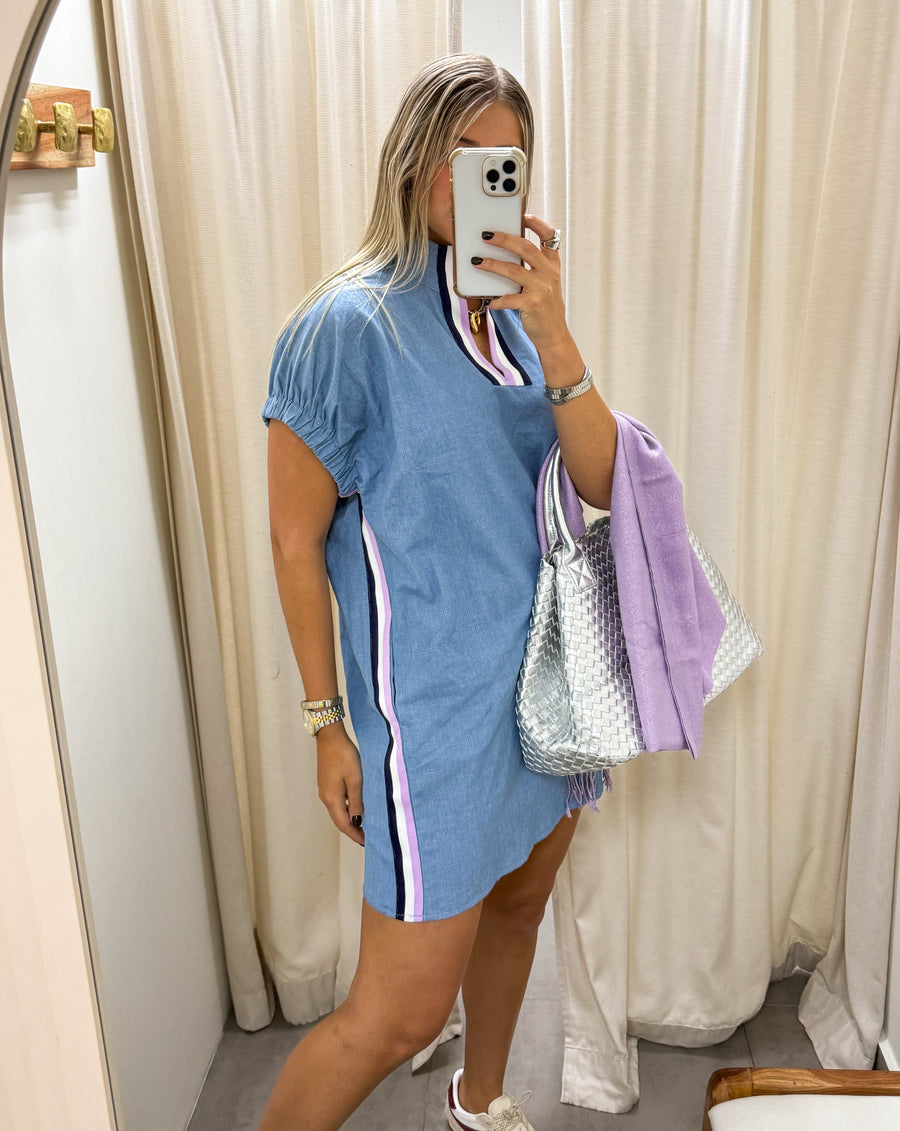 LIGHT DENIM TRACK LINES SHORT DRESS