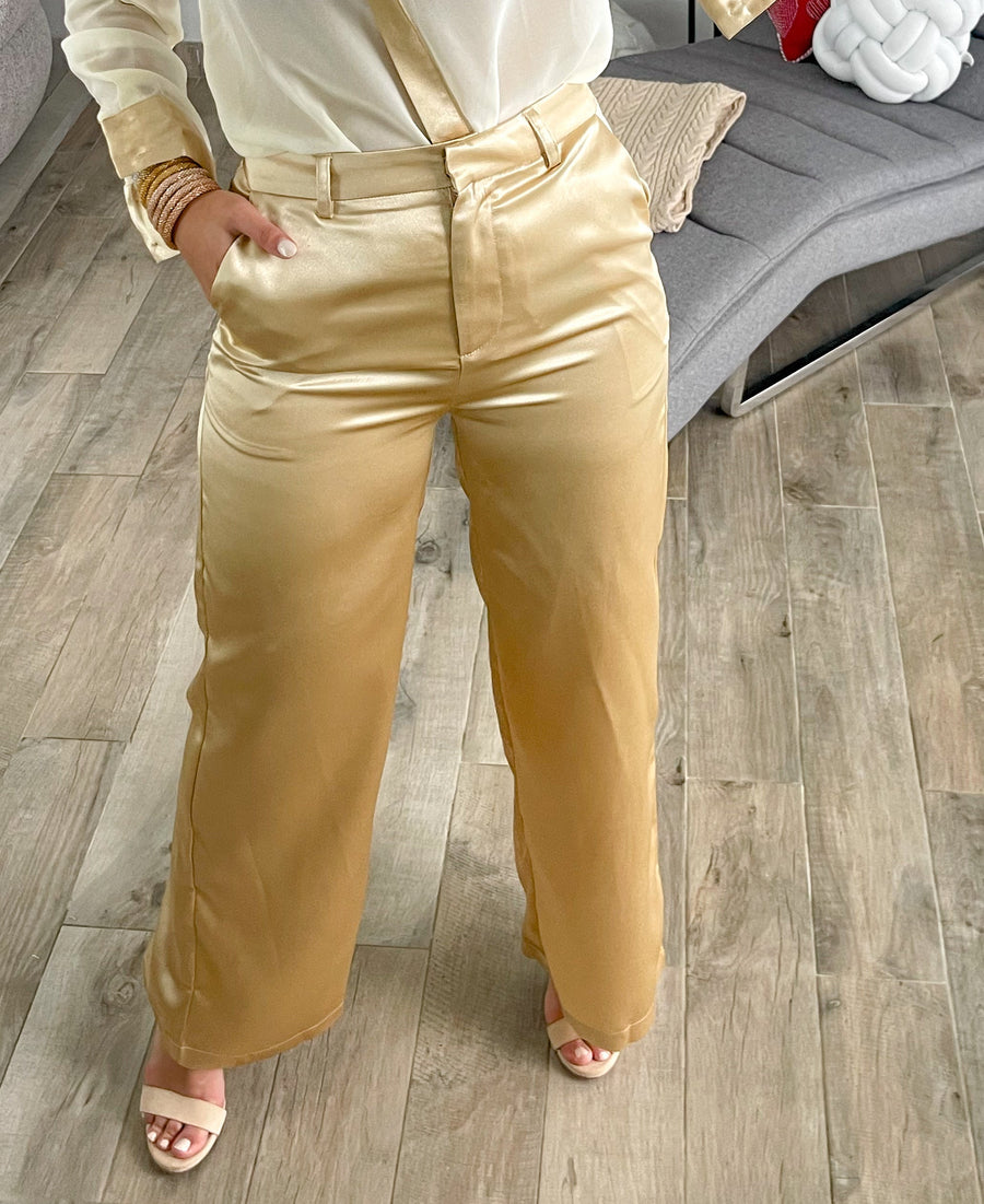 IVORY/GOLD WOVEN PANT