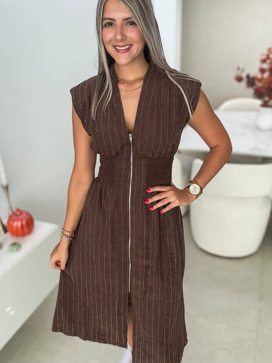 CHOCOLATE RHINESTONES ZIPPER MIDI DRESS