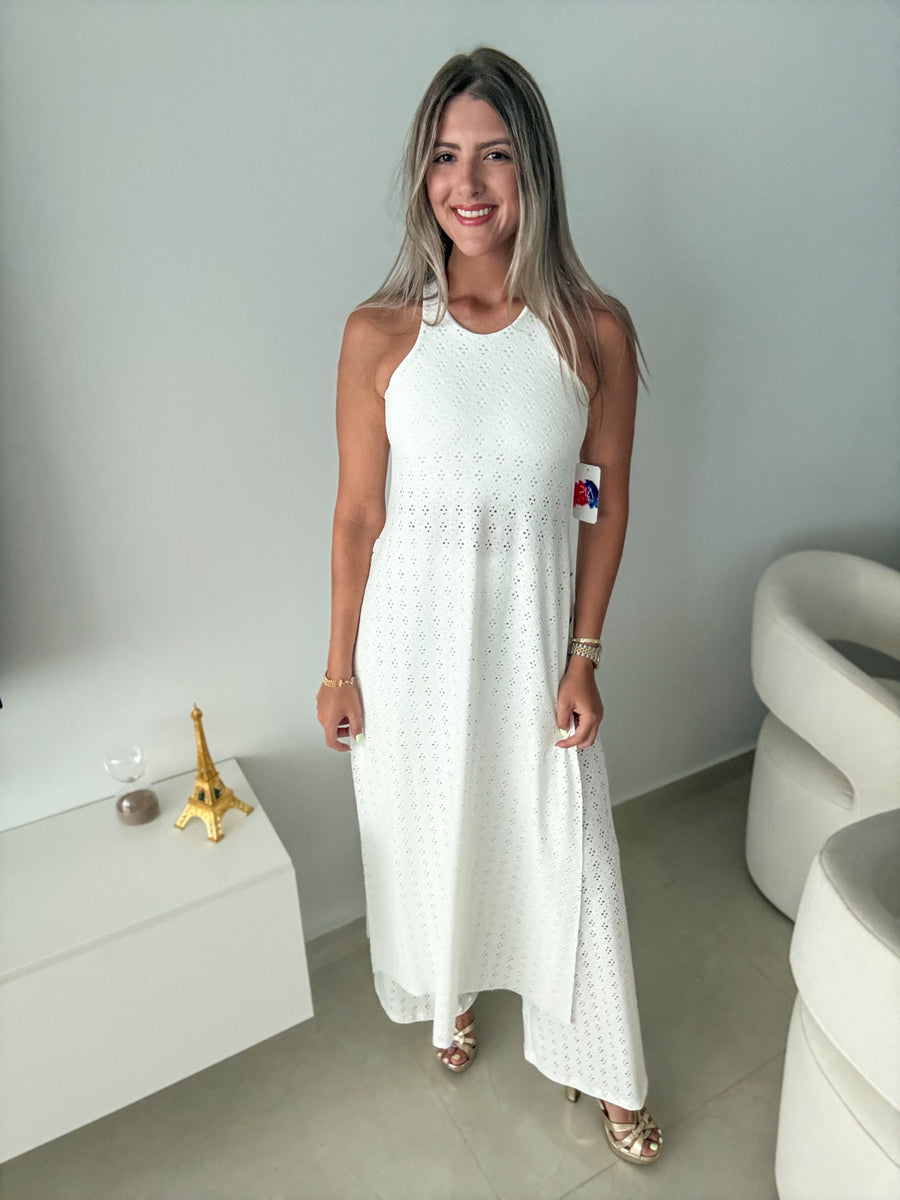 PIA WHITE EYELET RACERBACK TOP & PANT SET