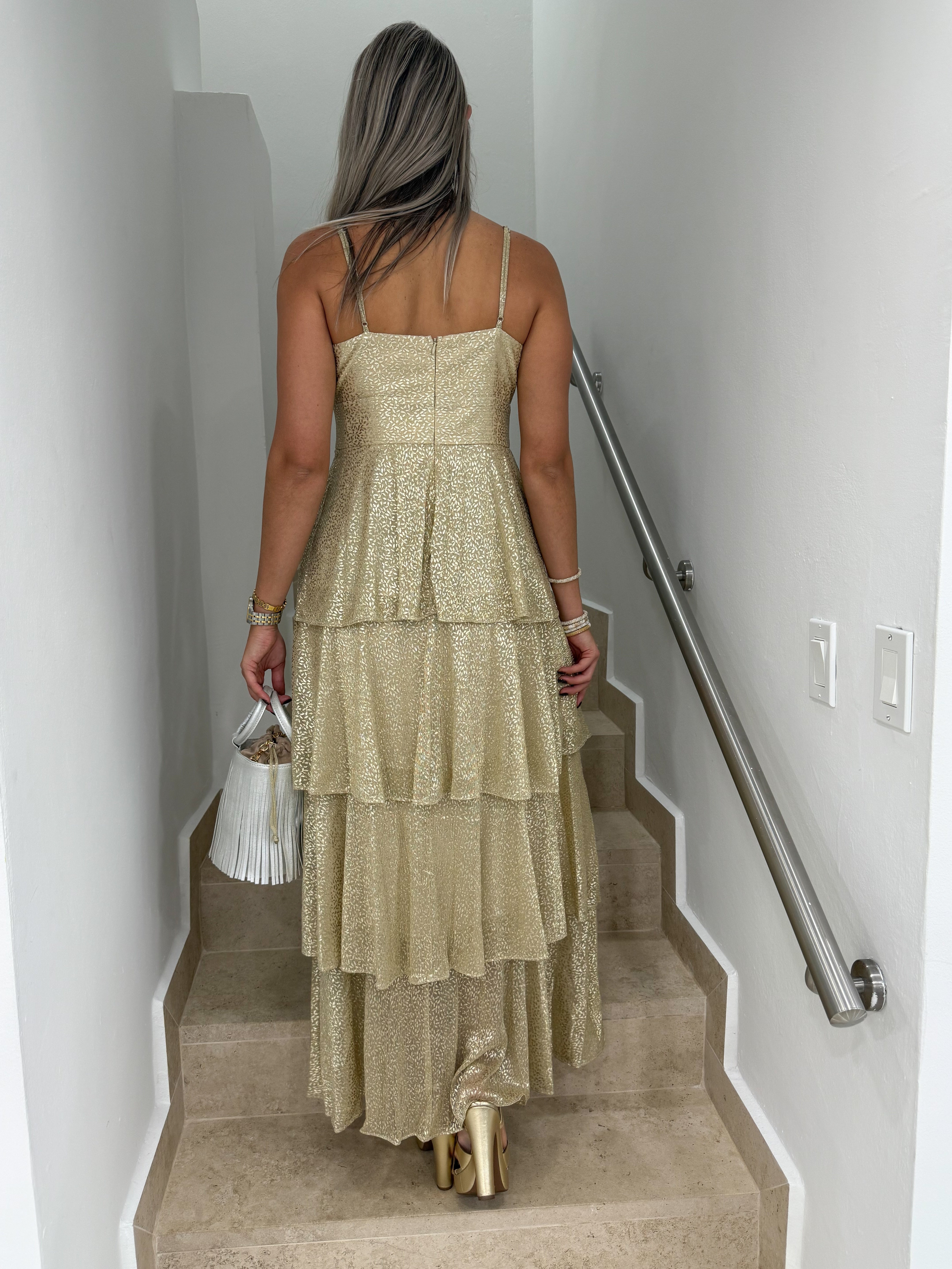 GOLD LUREX TIERED MAXI DRESS
