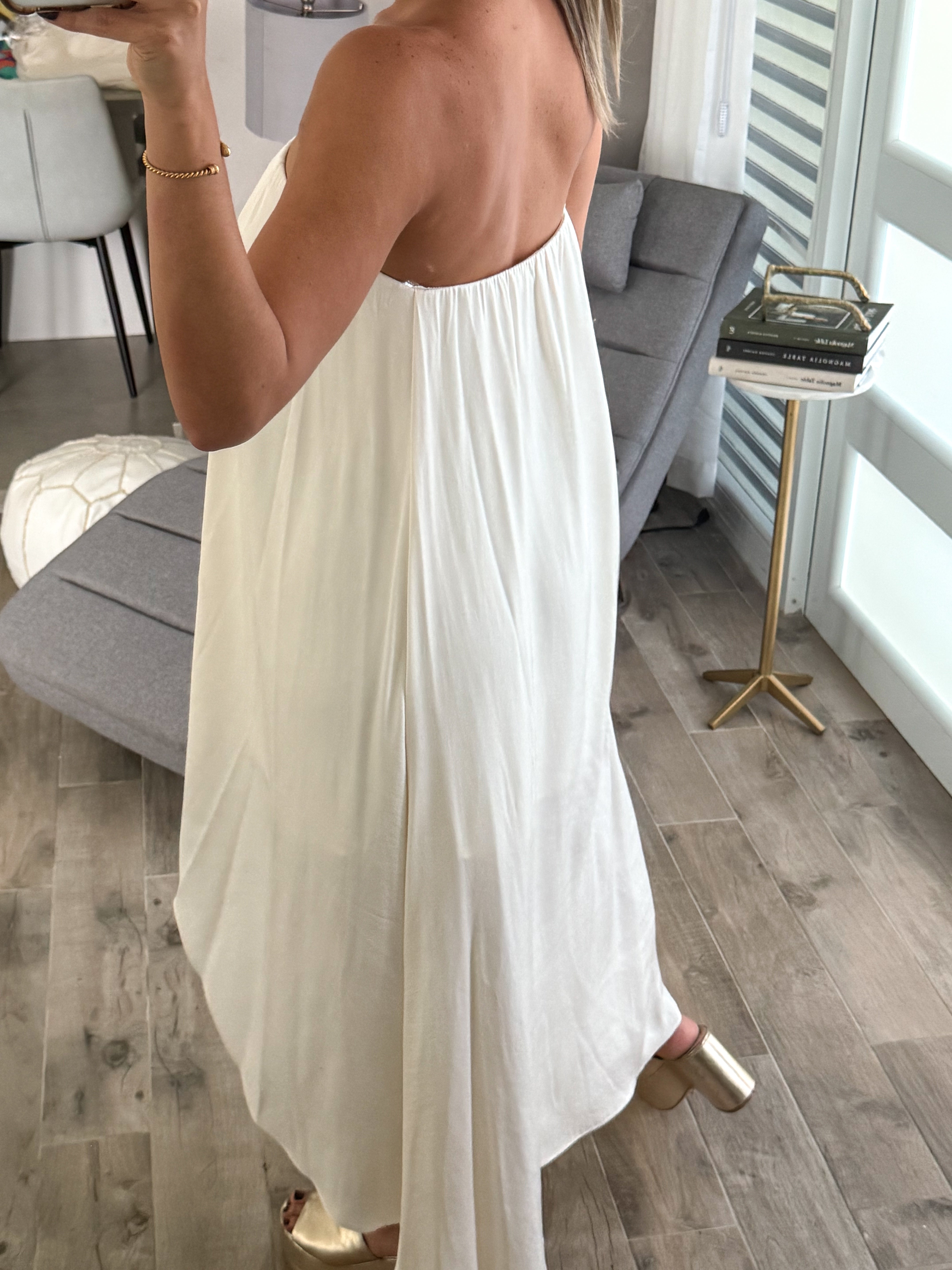 IVORY STRAPLESS HIGH LOW DRESS