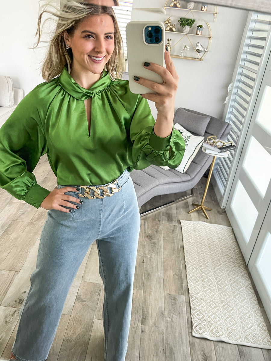 LIGHT GREEN SATIN TWISTED NECK BLOUSE