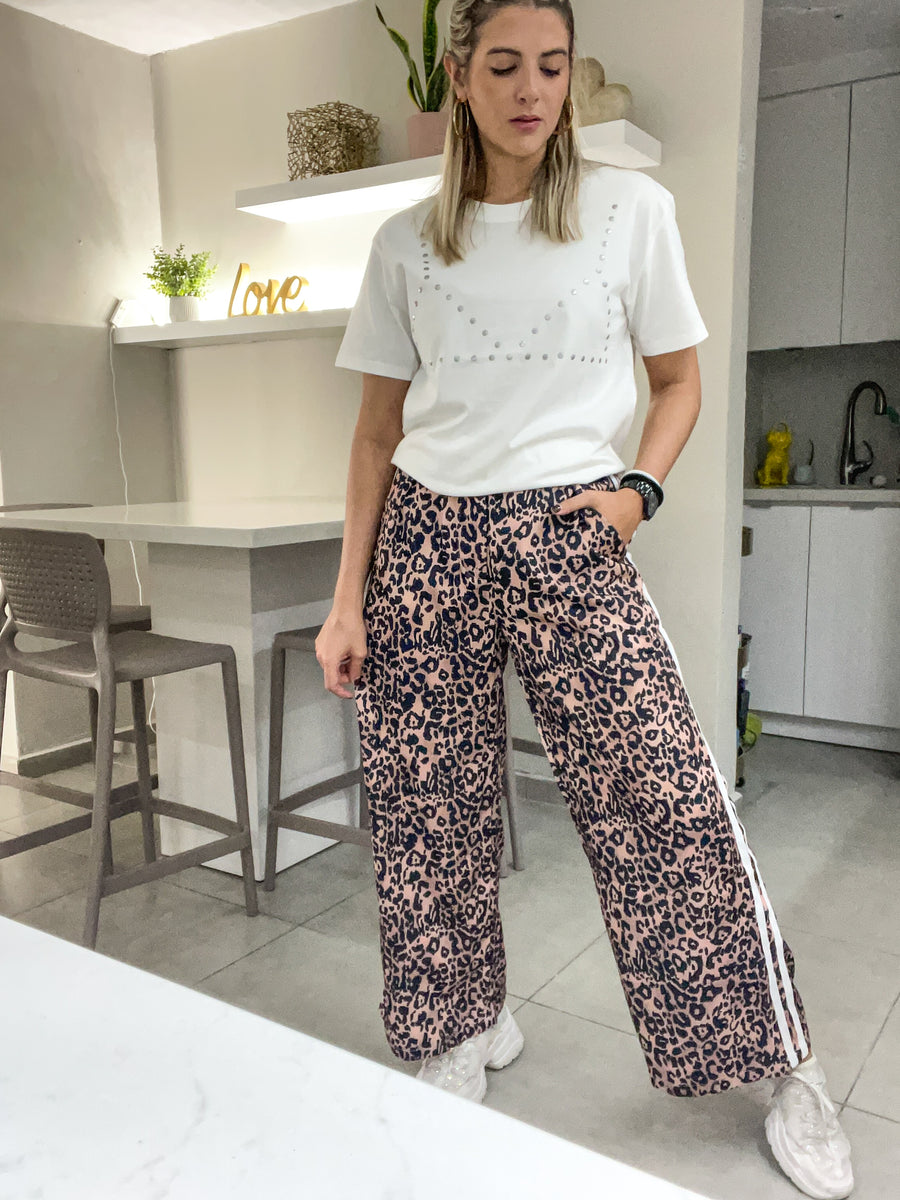 LEOPARD SIDE TRACK LINES WIDE LEGGED PANTS
