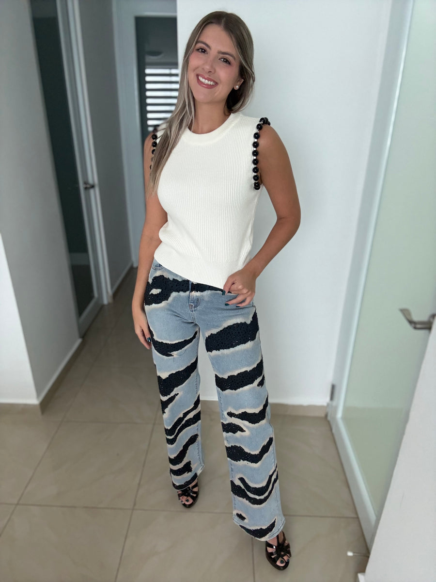 RHINESTONES PRINTED JEANS