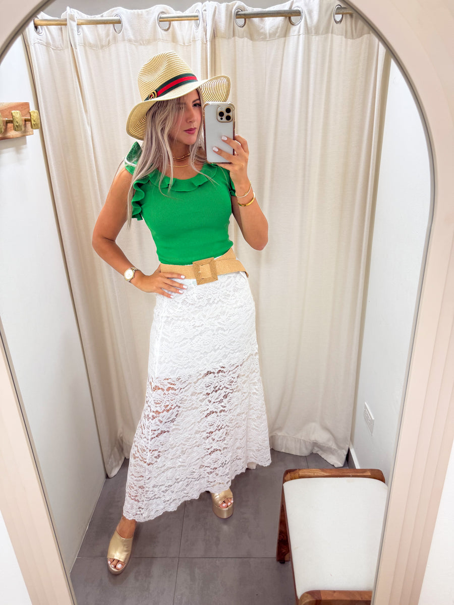 RUFFLE RIBBED KNIT SLEEVELESS BLOUSE