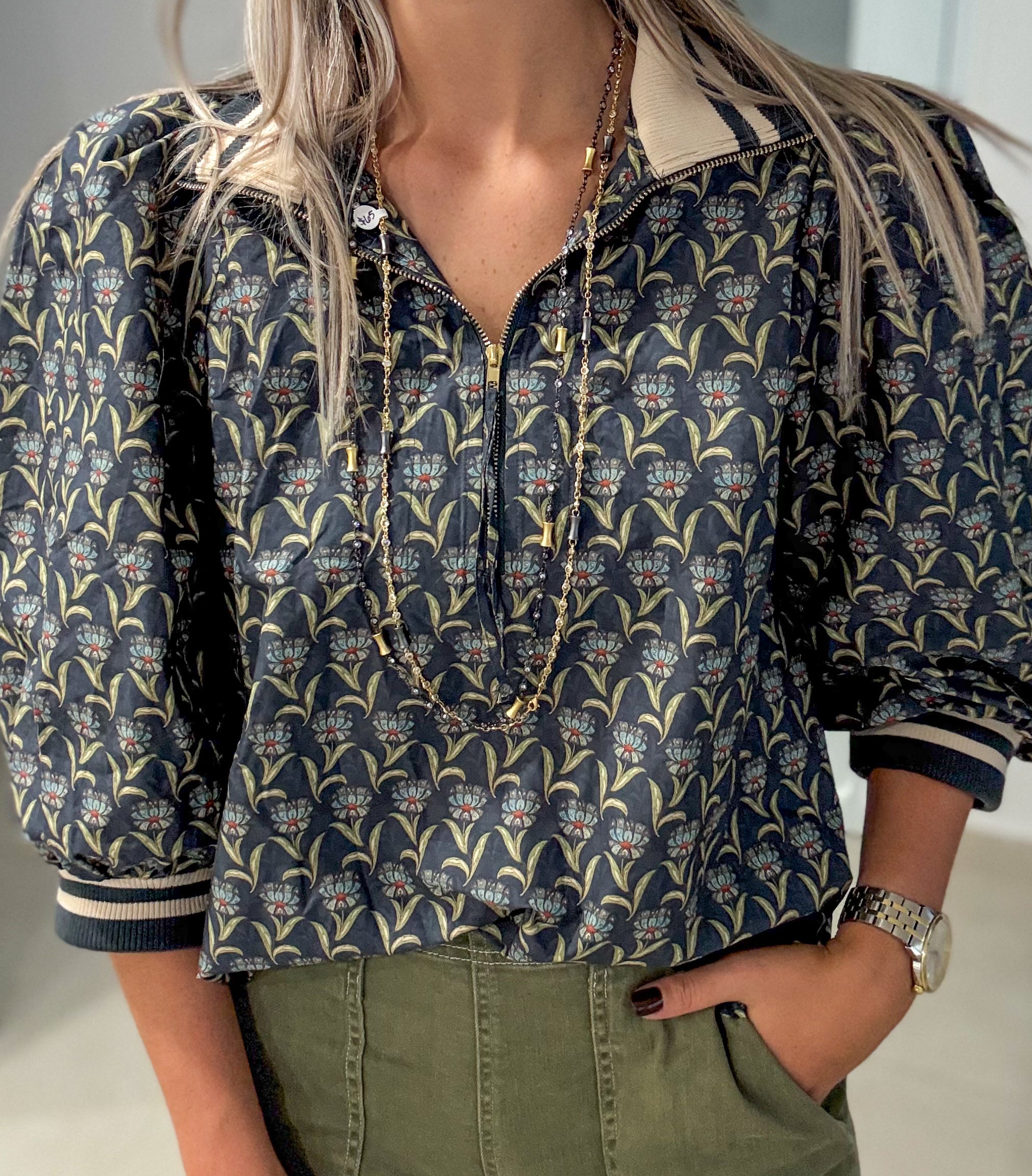NAVY/OLIVE PRINTED BLOUSE