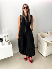 BLACK ZIPPER FRONT BARREL JUMPSUIT