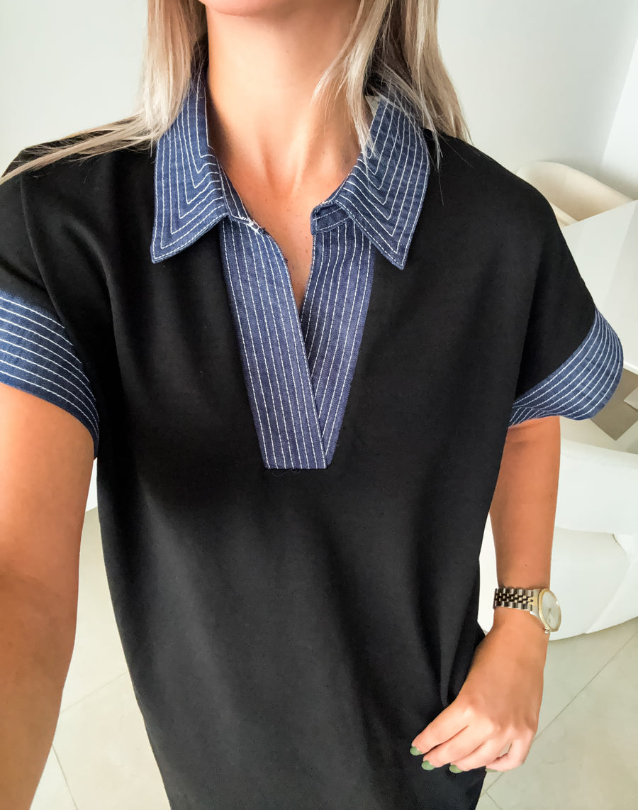 BLACK/DENIM MODAL MIDI DRESS