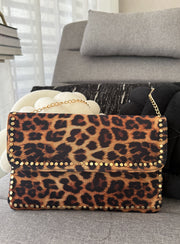NYLON LEOPARD GOLD STUDDED CLUTCH/CROSSBODY BAG
