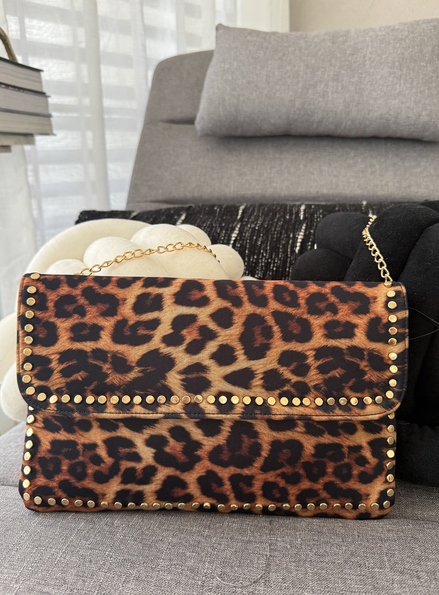 NYLON LEOPARD GOLD STUDDED CLUTCH/CROSSBODY BAG