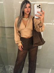 BROWN SUN BEADED SHEER HUGH WAIST PANTS