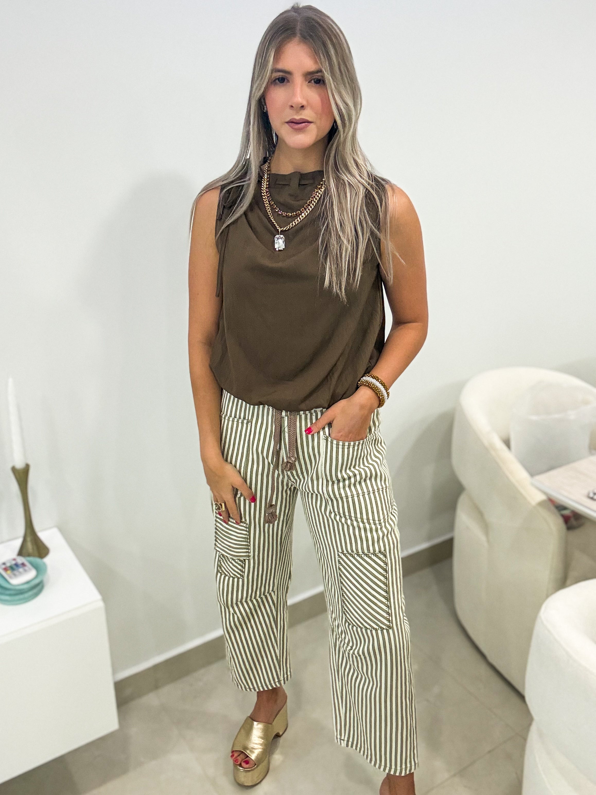 OLIVE/BROWN STRIPED BARREL JEANS