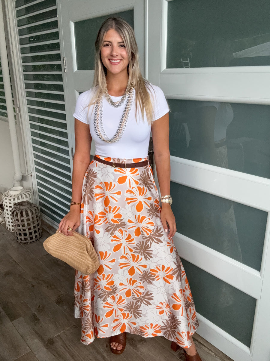 BEIGE/ORANGE BELTED FLORAL PRINT SKIRT