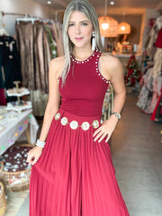 WINE PLEATED BELTED WIDE LEG PALAZZOS