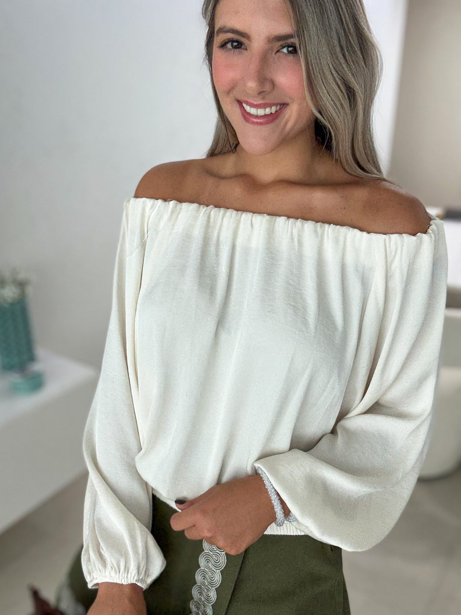 IVORY SATIN OFF SHOULDER BLOUSE