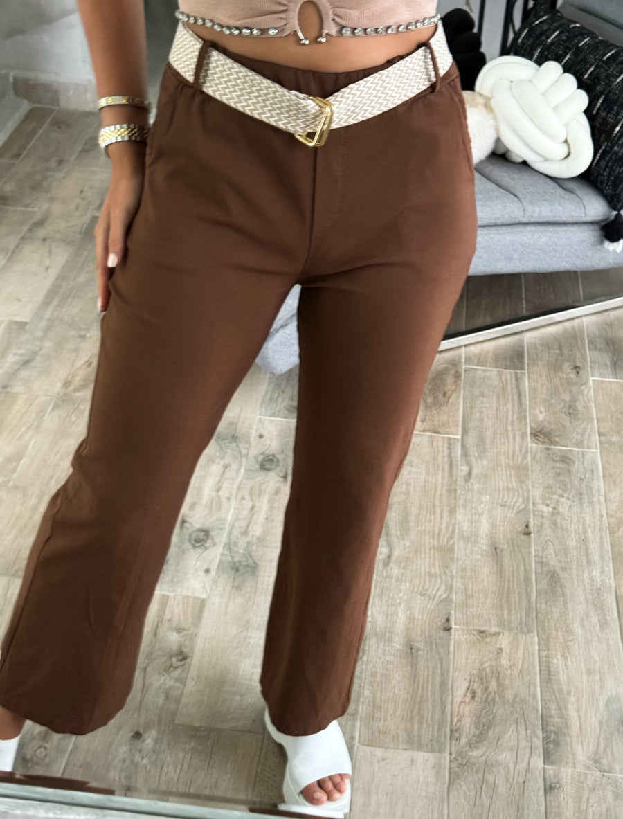 BROWN STRETCHY BELTED PANTS