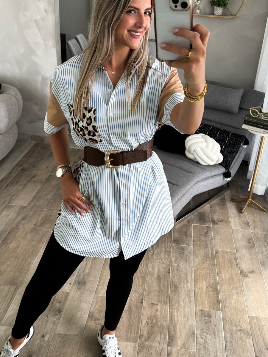 LEOPARD/BLUE SHORT SLEEVE DRESS