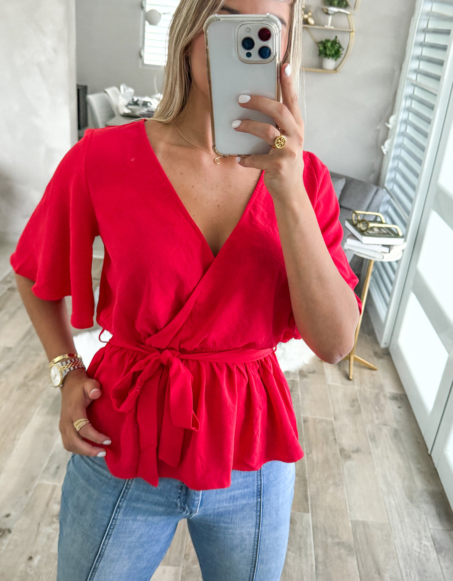 RED SURPLICE BLOUSE