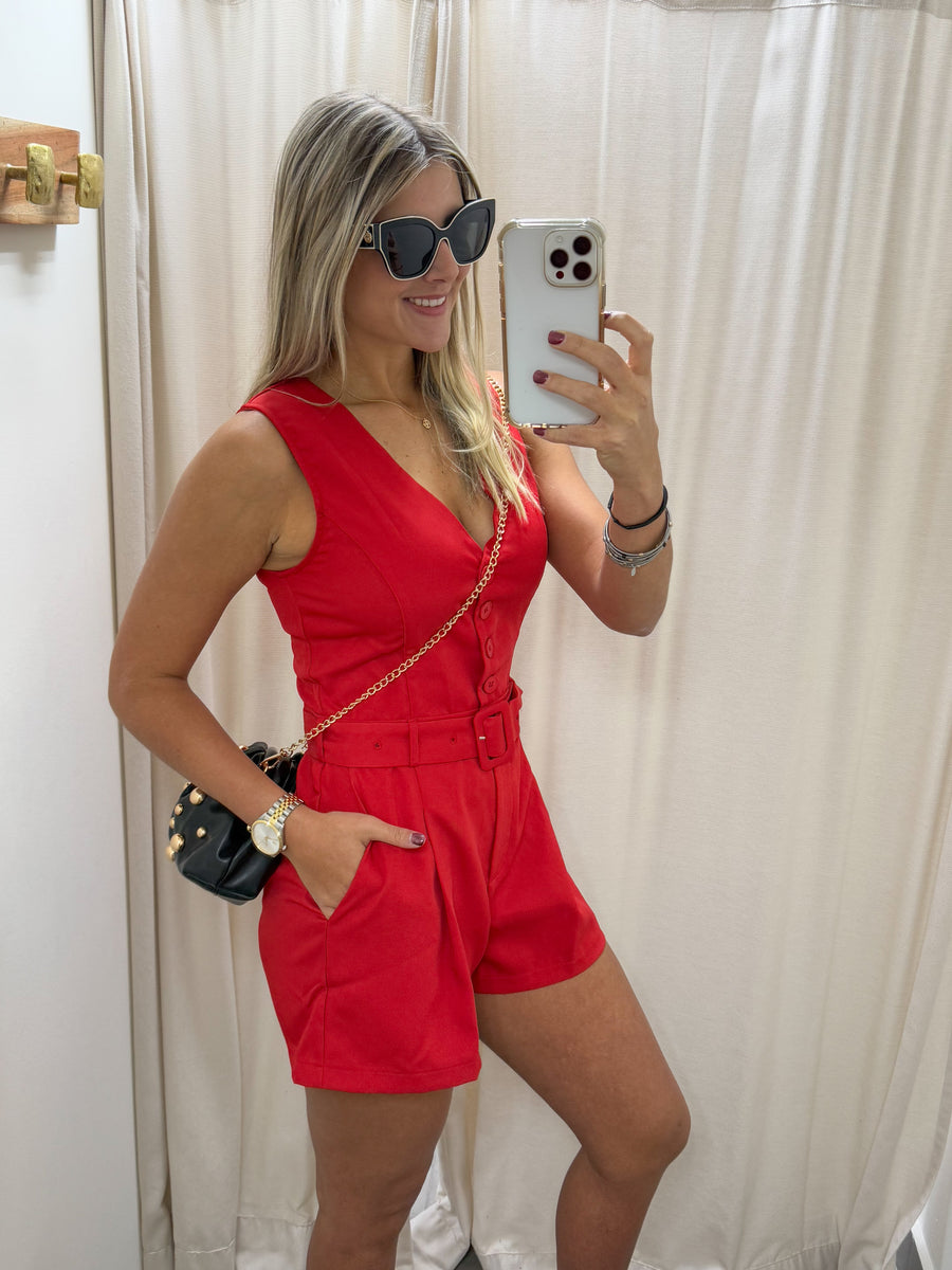 RED SLEEVELESS V-NECK ROMPER