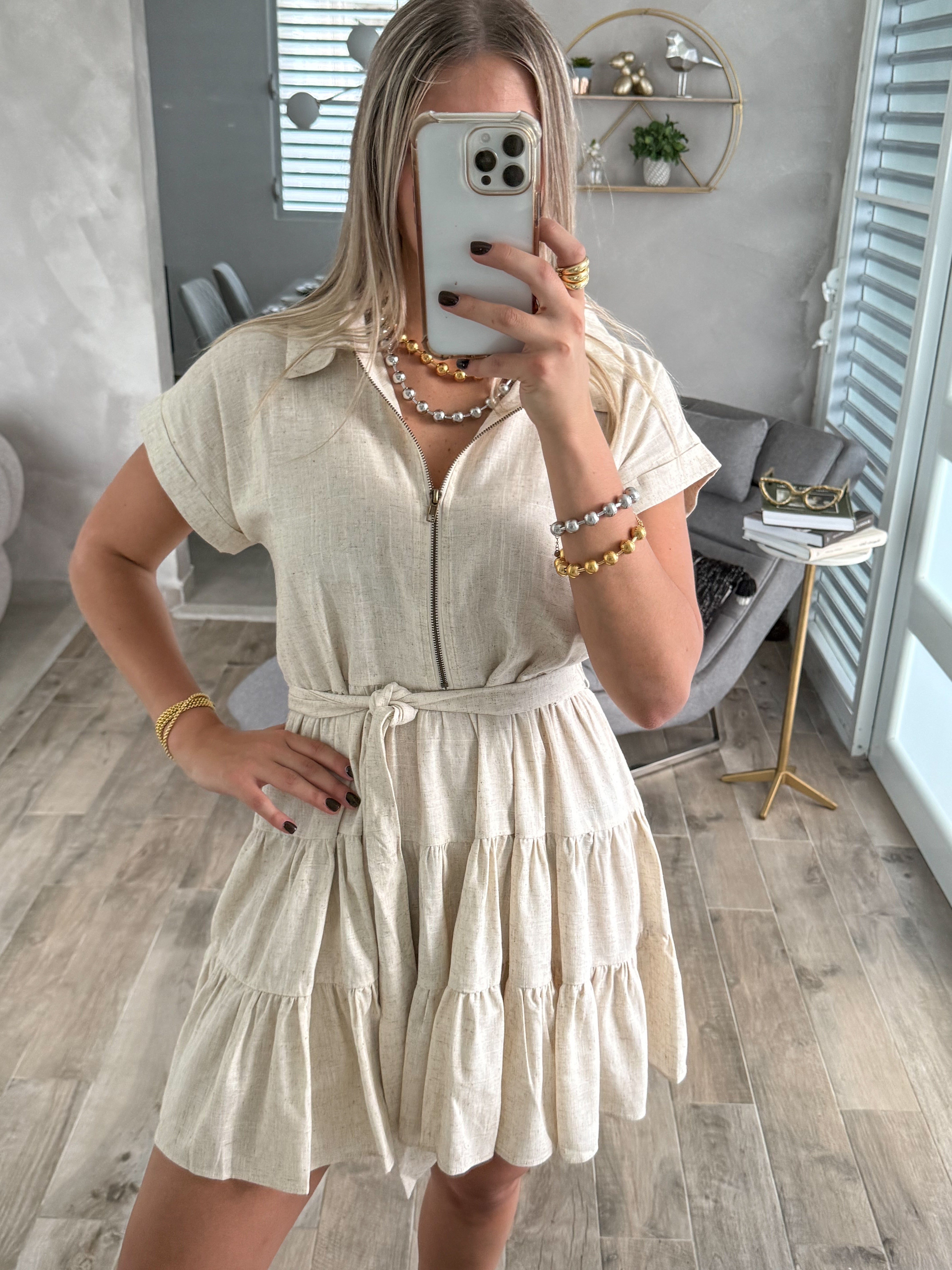 OATMEAL ZIPPER BELTED SHORT DRESS
