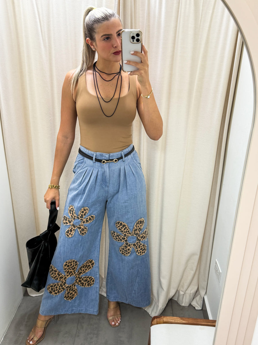 FLOWER LEOPARD PRINT PATCHWORK DENIM WIDE LEG PANTS