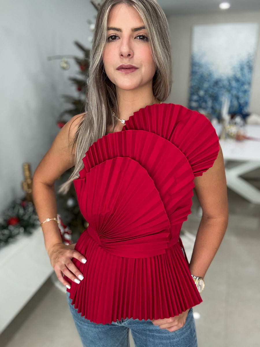 RED PLEATED ACCENT TOP