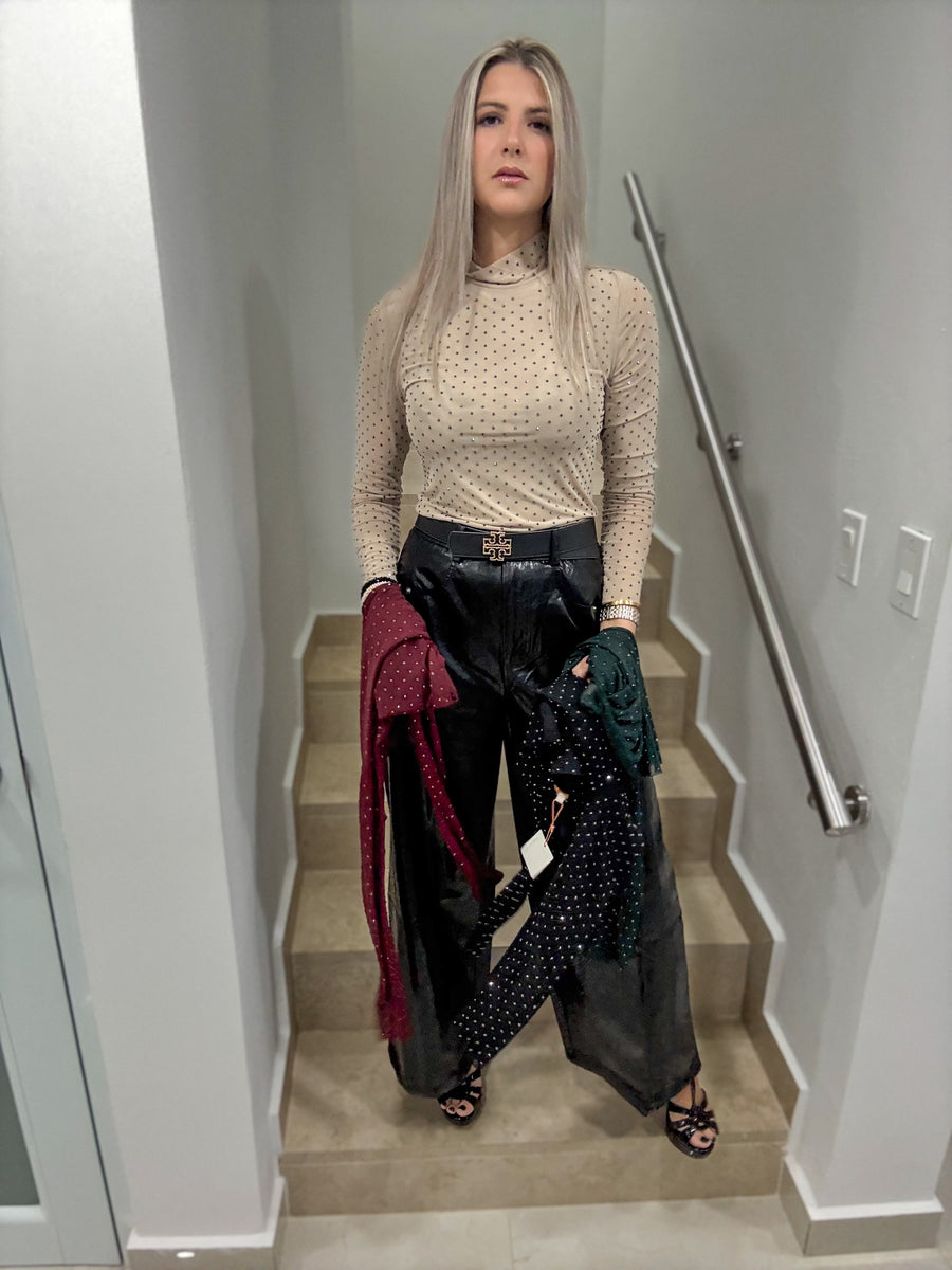 CREAM MESH RHINESTONES BLOUSE