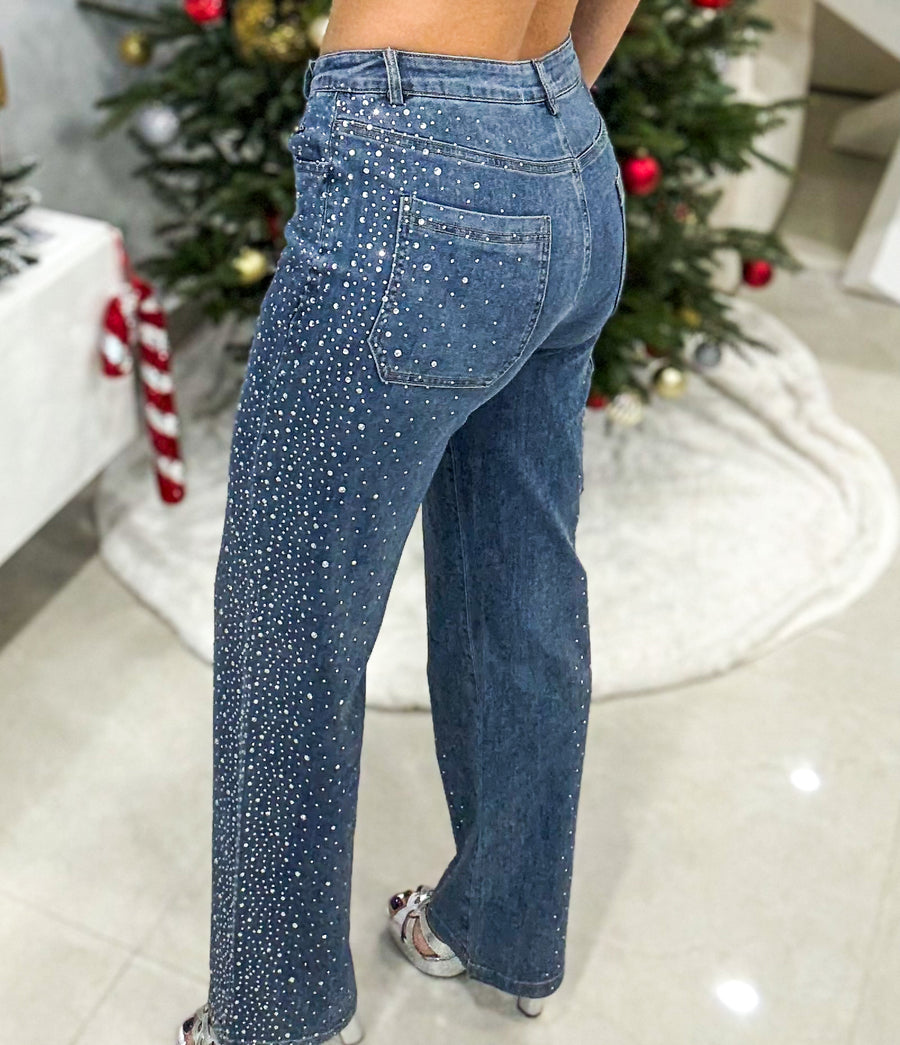 RHINESTONES STRETCHY FLARE JEANS