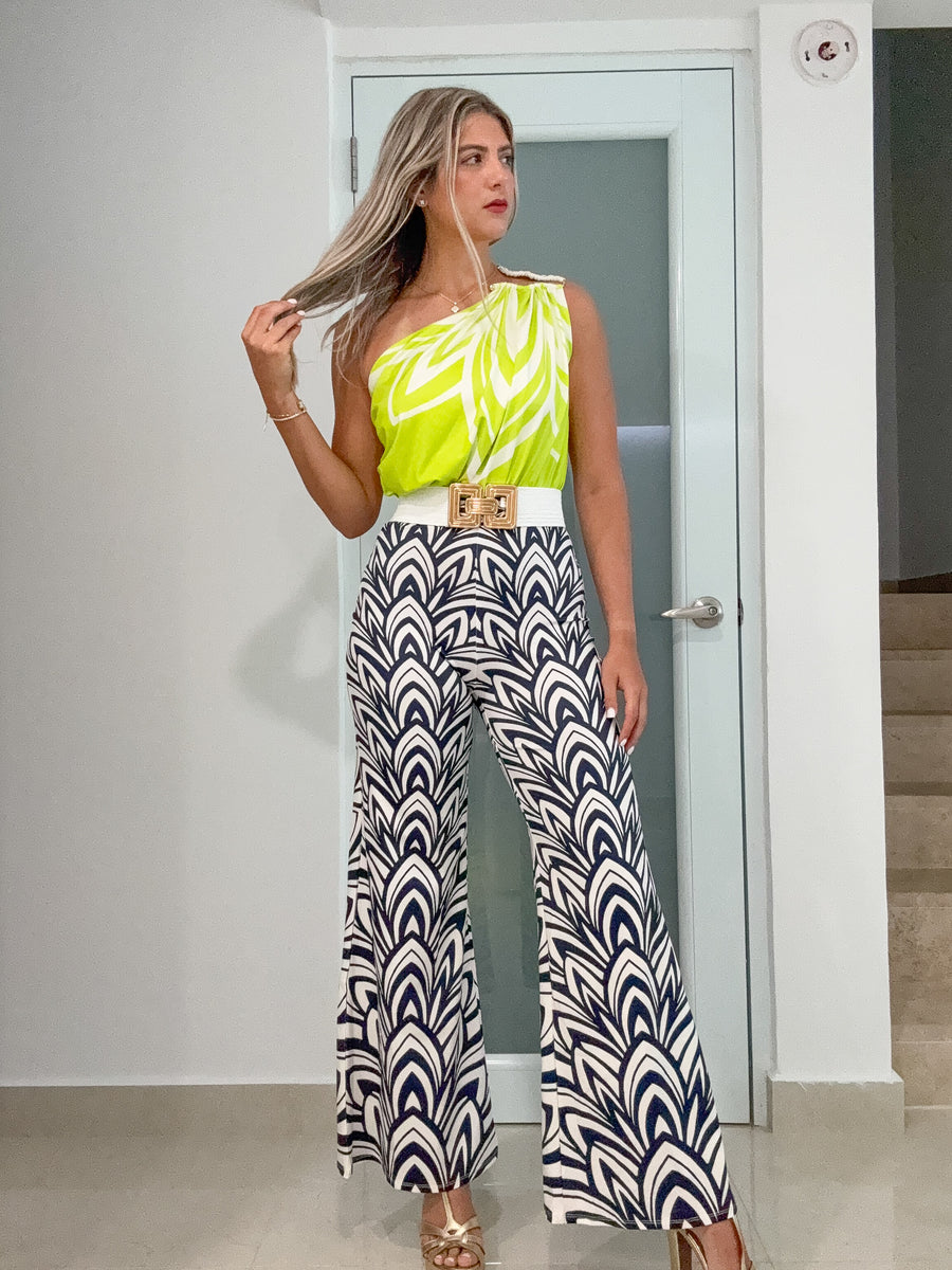 LIME/BLACK PRINT ONE SHOULDER SHIRRING JUMPSUIT