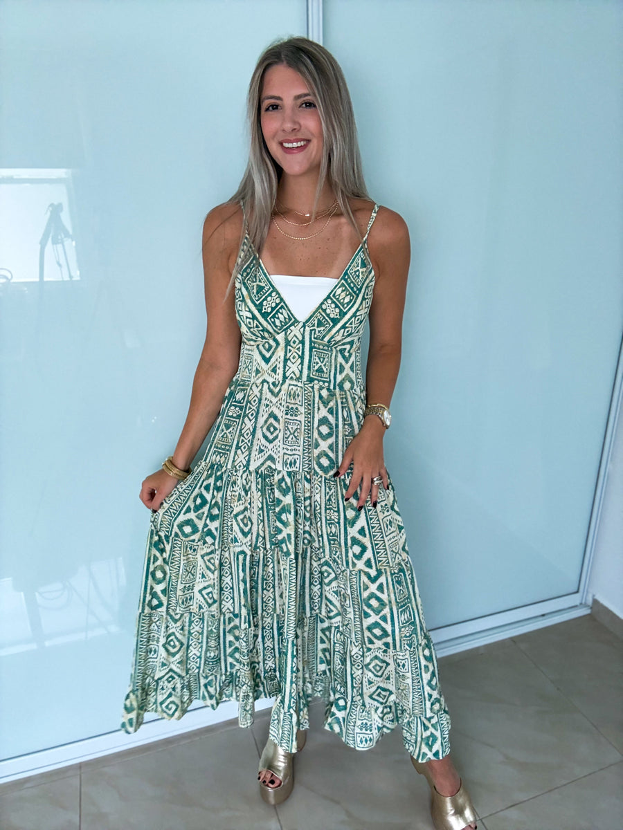 GREEN MAXI RUFFLE DRESS