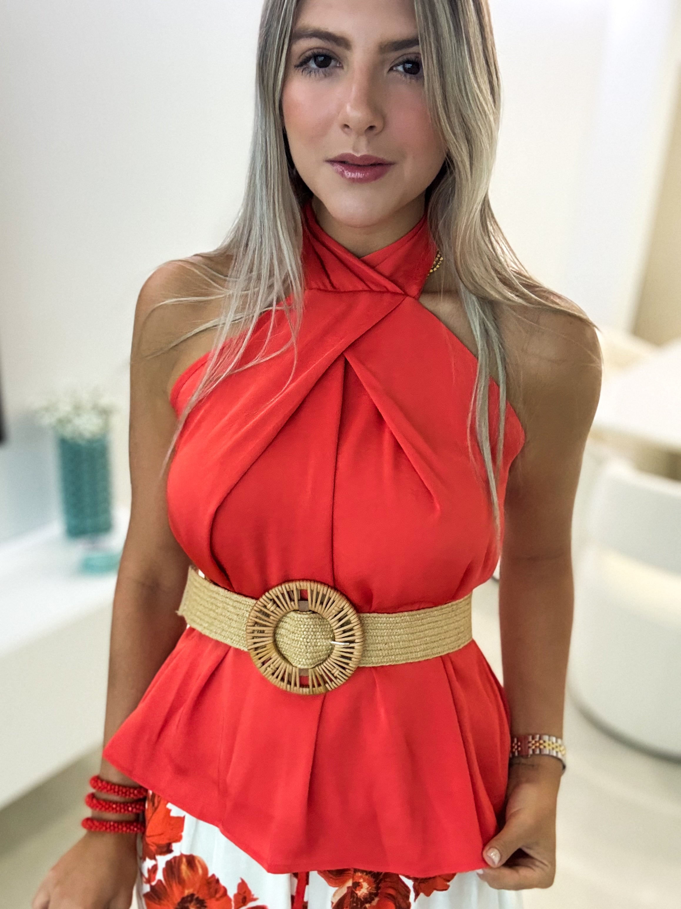 ORANGE HALTER SATIN BLOUSE