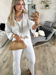 WHITE 3/4 SLEEVES V-NECK SILKY BLOUSE