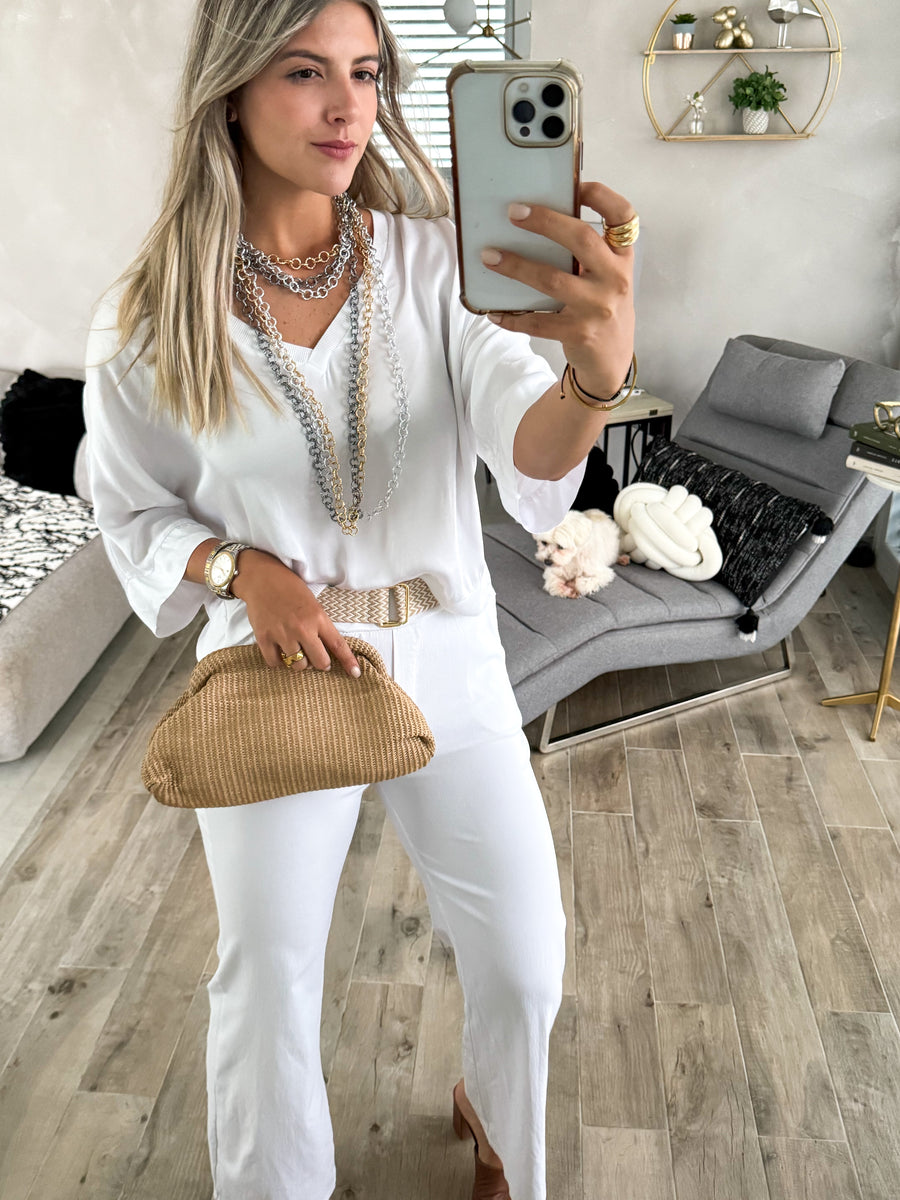 WHITE 3/4 SLEEVES V-NECK SILKY BLOUSE