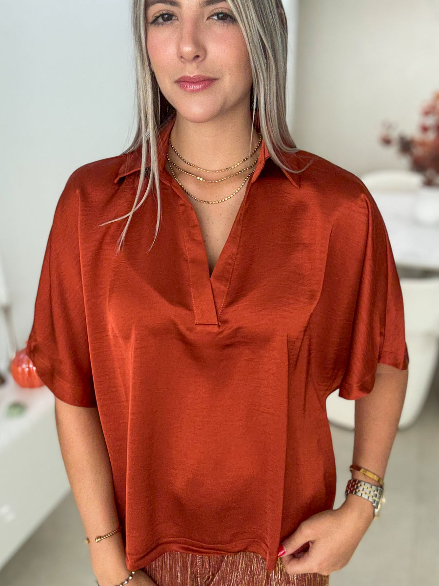 RUST SATIN V-NECK TUNIC BLOUSE