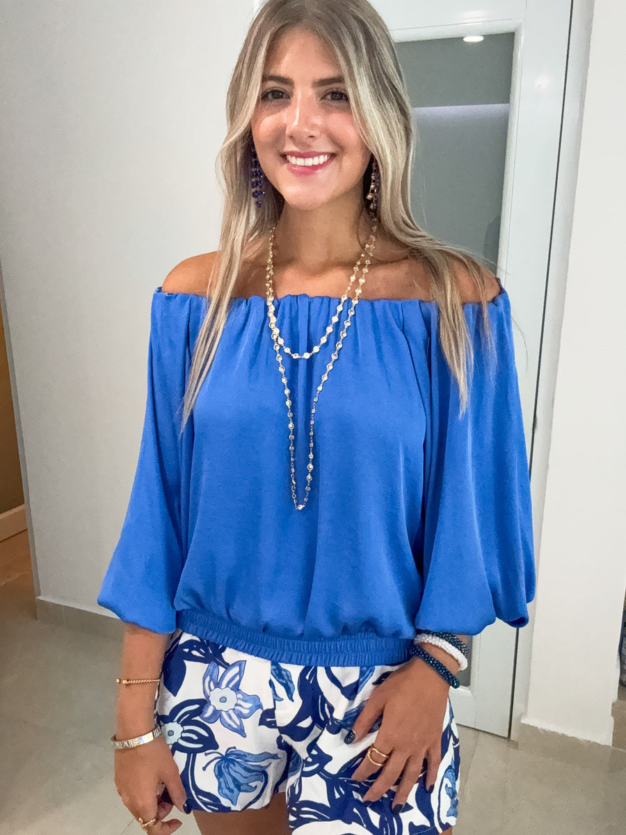 BLUE SATIN OFF SHOULDER BLOUSE