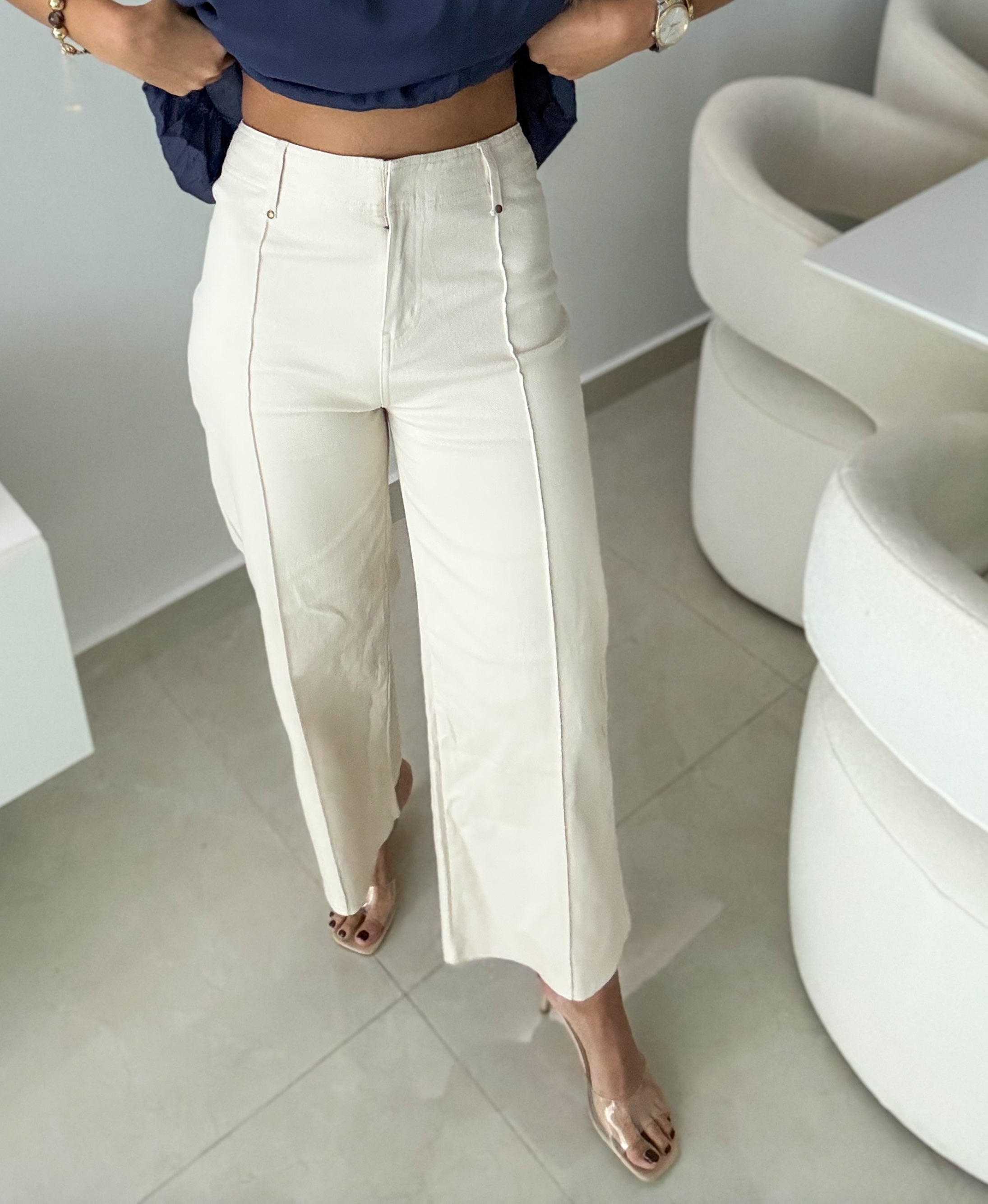 CREAM DENIM STRETCHY PANTS