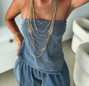 BLUE MINERAL WASH STRAPLESS ASYMMETRIC BLOUSE