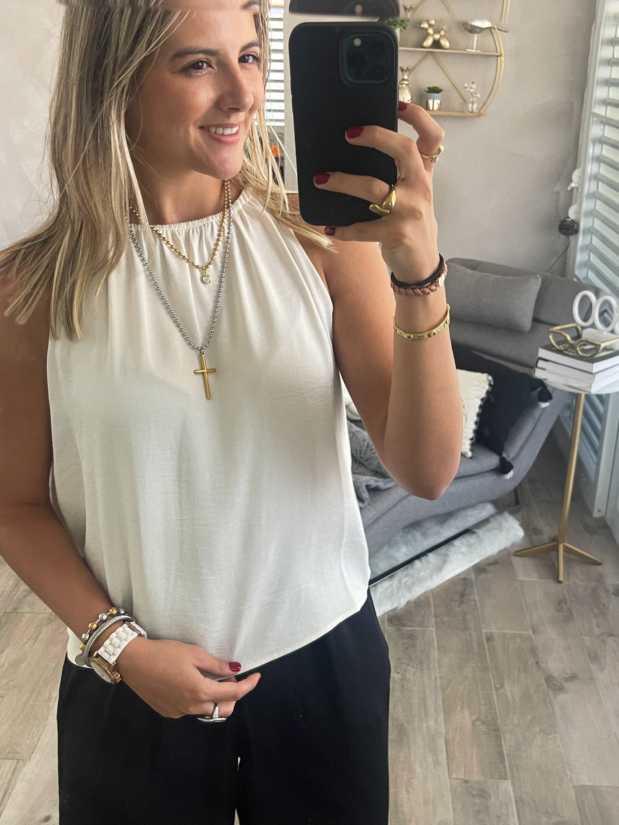 IVORY SILKY ELASTIC NECK BLOUSE