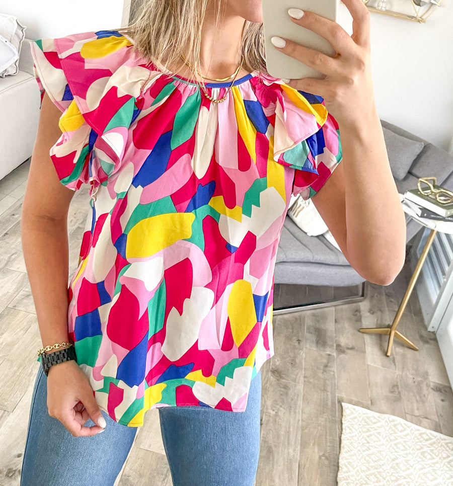 MULTICOLOR FLUTTER SLEEVES BLOUSE