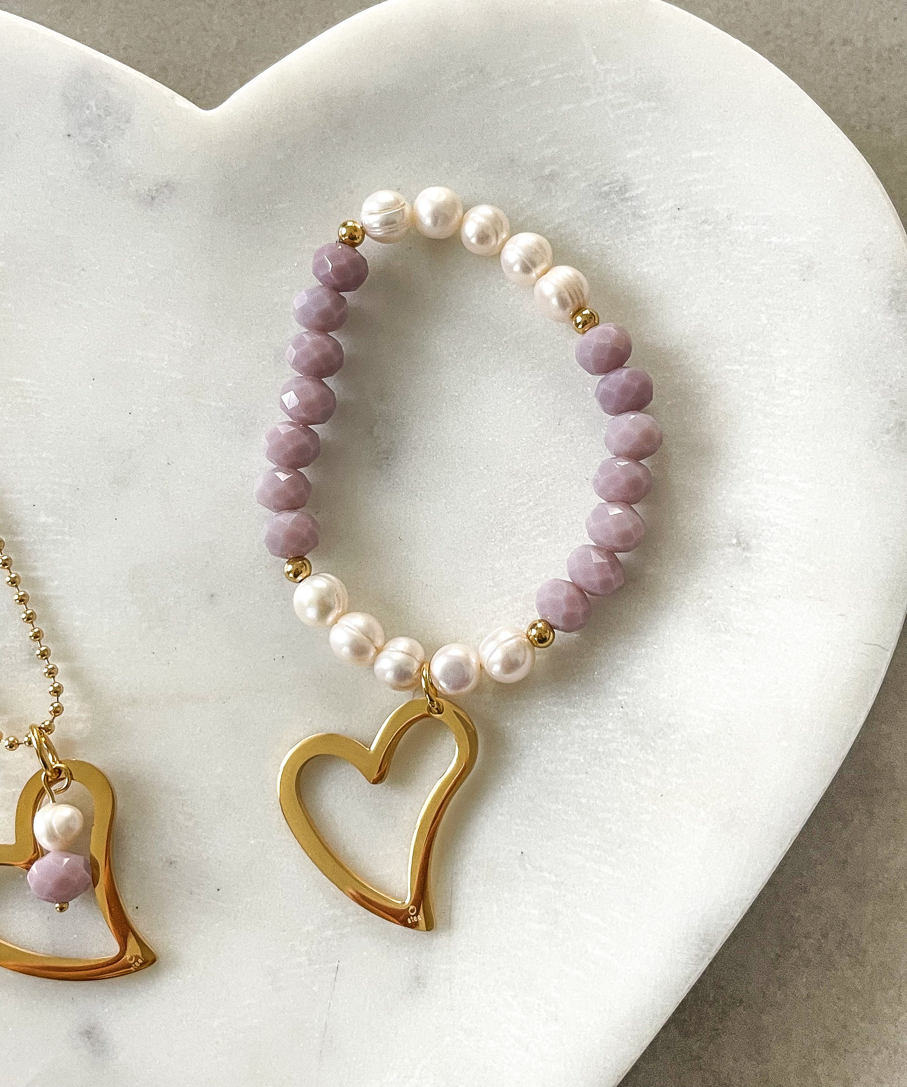 GOLD HEART PEARL LILAC ELASTIC BRACELET